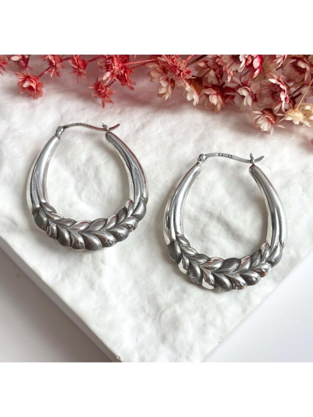Wheat Carved Oval Puffy Chunky Sterling Silver 925 Hoop Vintage Earrings